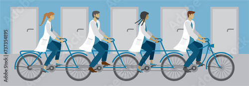 Health care people on tandem bicycles in a corridore. Vector illustration.
