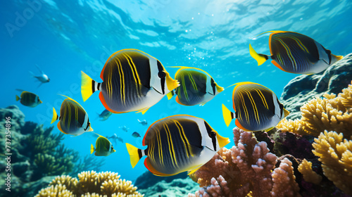  School of butterfly fishes over healthy reefs