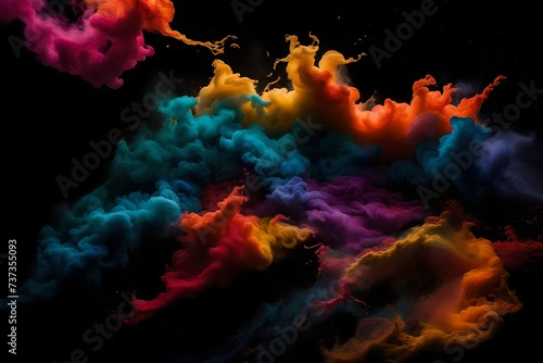 diversity of fractal realms, Witness the dynamic spectacle of an explosion of colored powder against a dramatic black background. Each vibrant hue bursts forth in a riot of colors, creating a mesmeriz