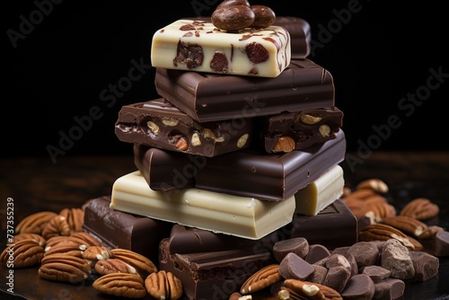Various pieces of chocolate on a plate with nuts.
