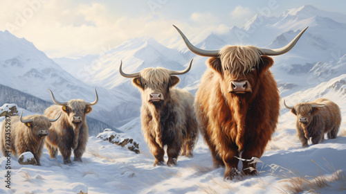  Scottish highlanders in a natural winter landscap © Waji