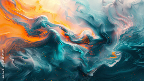 Cosmic swirls of teal and apricot, merging in an abstract cosmic dance that defies the boundaries of the visual spectrum.  photo
