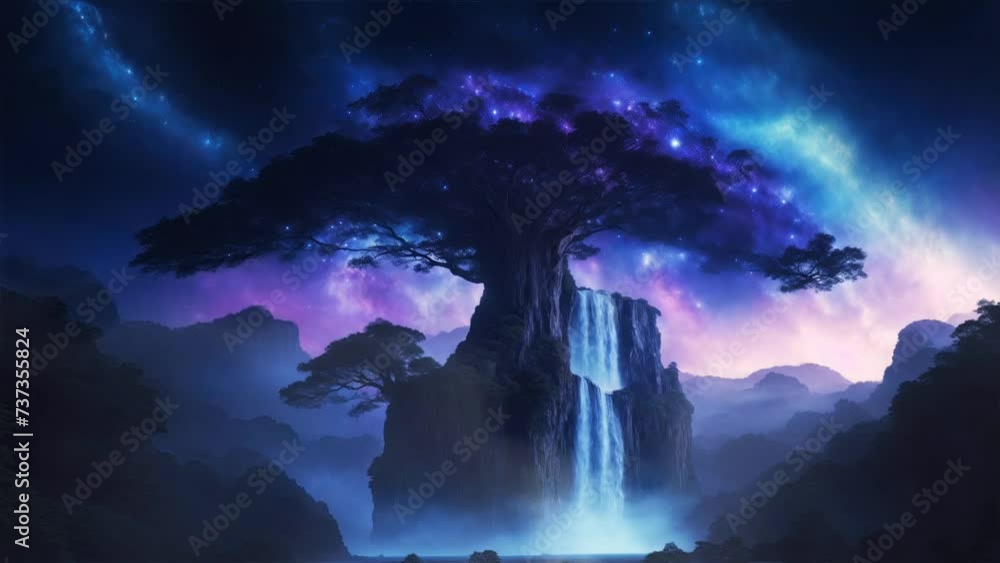 Waterfall under a big tree galaxy sky dramatic atmosphere. 2d looped animation
Waterfall under a big tree galaxy sky dramatic atmosphere. 2d looped animation