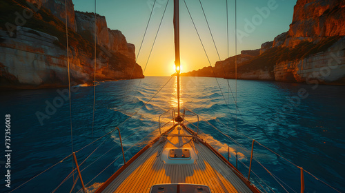 A boat is sailing on the ocean during a sunset. The water is blue and calm, and there are white cliffs in the background. photo