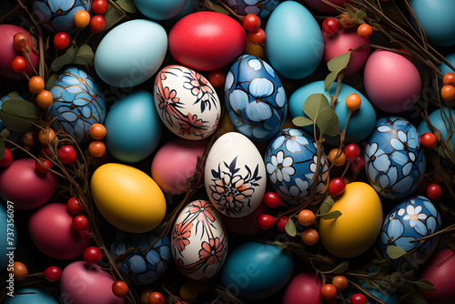 Backdrop of colorful Easter eggs. Easter traditions and celebration. Generative AI.