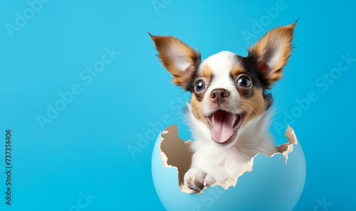 Surprised funny puppy with his tongue sticking out, emerging from an eggshell against a blue background. Easter banner with copy-space.