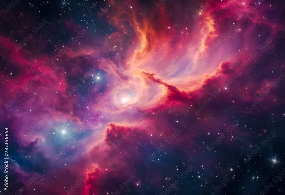Colorful cosmic background with nebulae, interstellar clouds of dust, and bright stars in deep space.