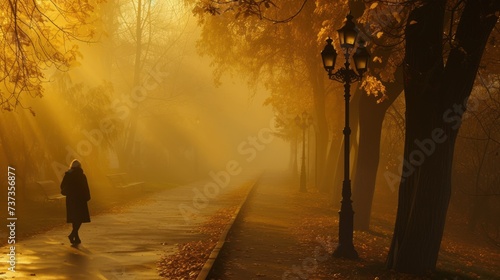 a woman walking down a street in a park on a foggy day with the sun shining through the trees. photo