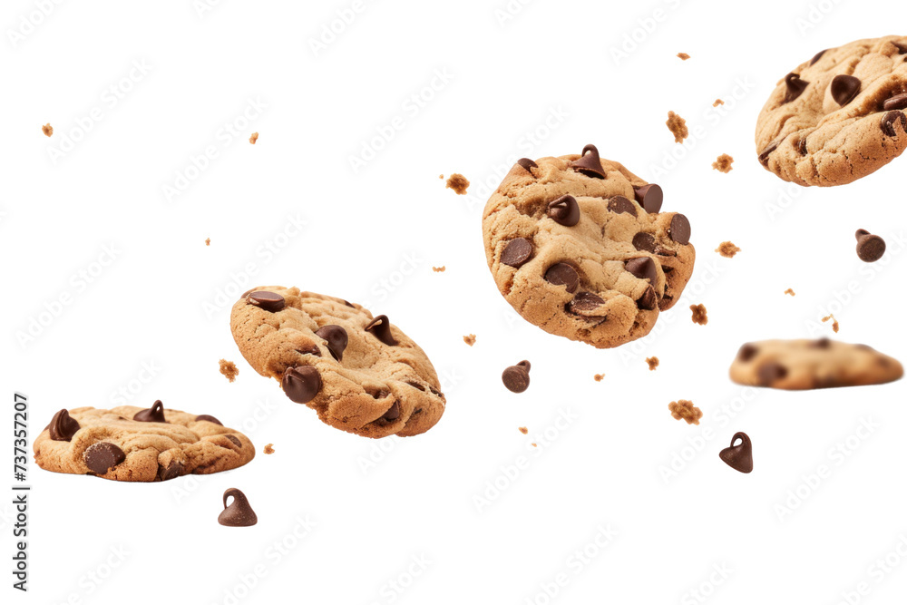 Falling chocolate chip cookies isolated on transparent white background. Falling chocolate chip cookies isolated on transparent white background.