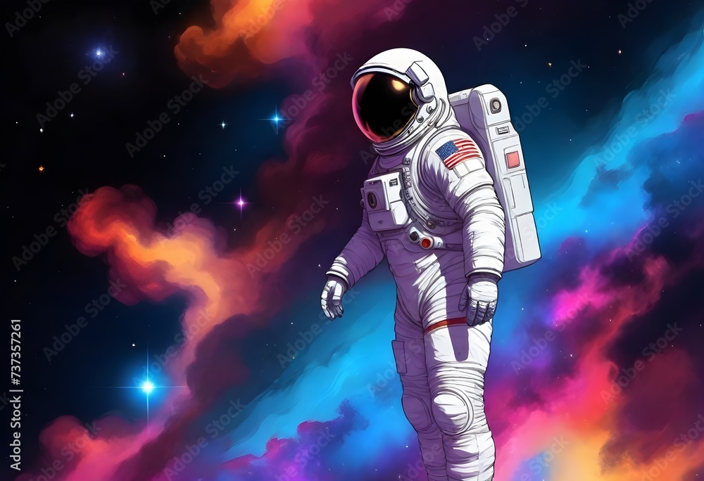 An astronaut in a white space suit with an American flag on the arm , helmet visor reflecting a colorful nebula in space