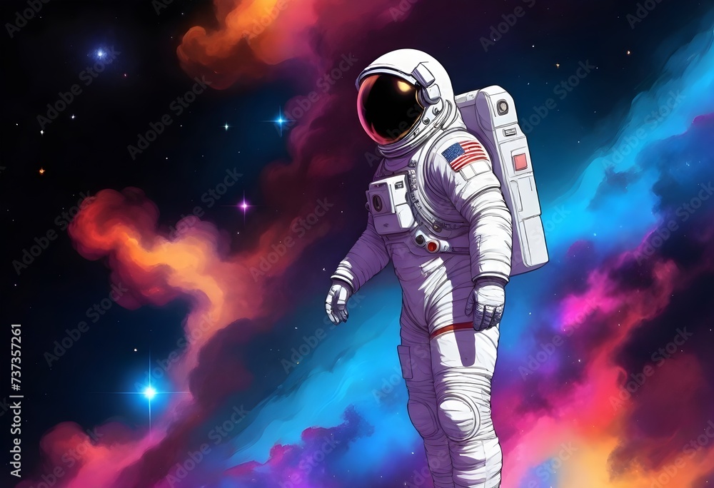An astronaut in a white space suit with an American flag on the arm , helmet visor reflecting a colorful nebula in space An astronaut in a white space suit with an American flag on the arm , helmet visor reflecting a colorful nebula in space