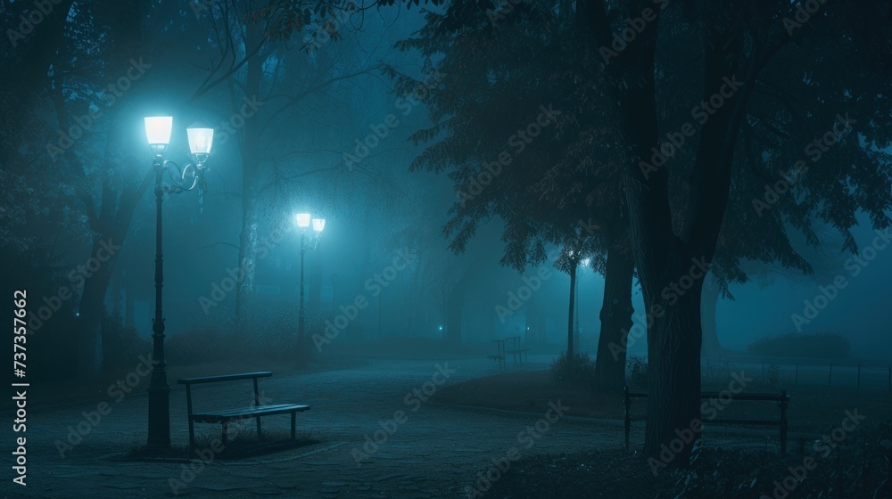 bench in the middle of at night with street lights shining on the trees and the ground.