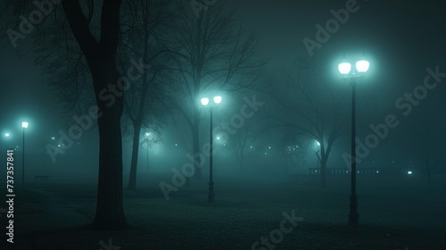 a foggy night in a park with street lights and a bench.