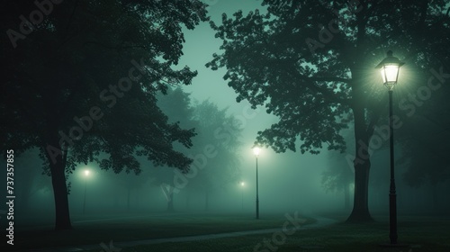 in a park with trees and street lights on with street lamps in the foreground. © Olga