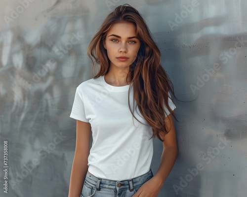 Women's White Short Sleeve Round Neck T-Shirt Mockup It is a useful tool for clothing designers to help visualize T-shirts before actual production Save time and money and makes it easier to decide.