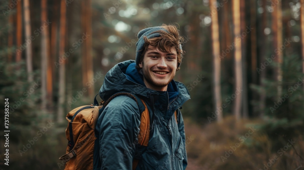 boy adventurer smiling in the middle of a forest, half body, cinematic, nature, travel, adventure