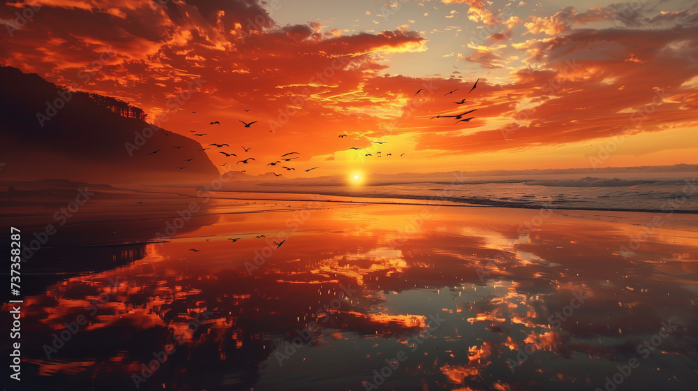 Astonishing Mystic Beach Sunset with Soaring Birds, Tidal Pools Reflecting Orange Sky, Majestic Waves and Immersive Landscape Astonishing Mystic Beach Sunset with Soaring Birds, Tidal Pools Reflecting Orange Sky, Majestic Waves and Immersive Landscape