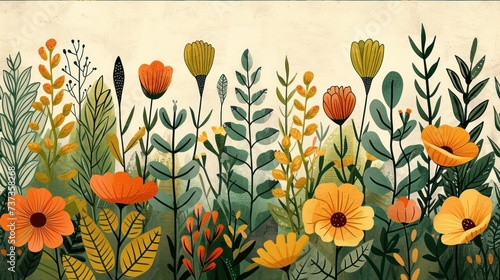 a painting of a field full of orange and yellow flowers with green leaves and a white wall in the background. photo