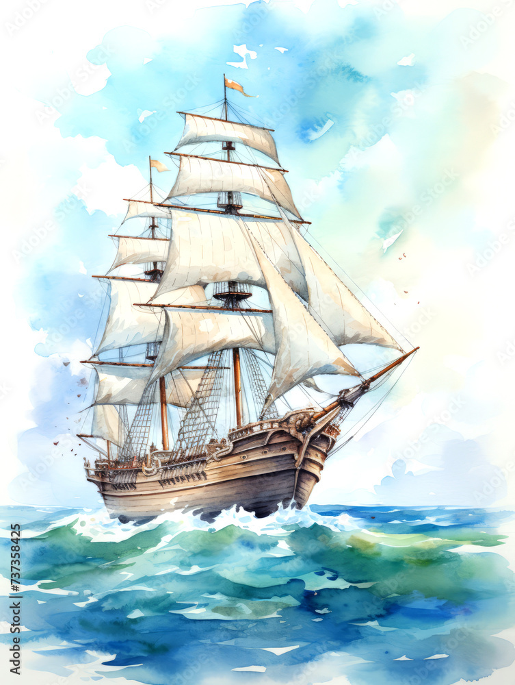 Sailboat, vintage ship with sails in the ocean. Seascape in watercolor in pastel colors