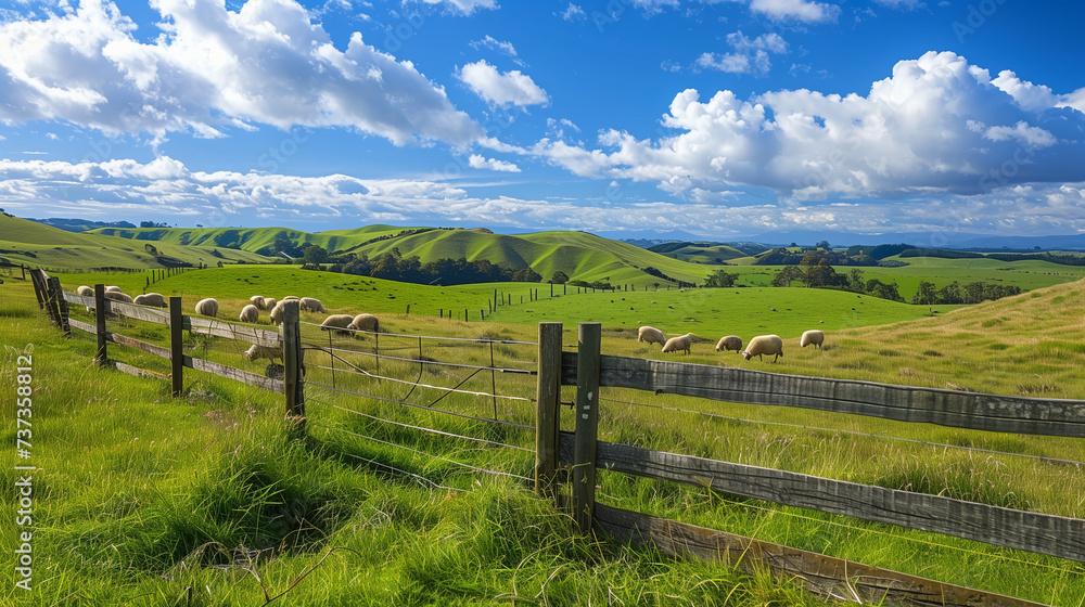 Relaxing and Enjoying a Sunny Day at a Picturesque Farm, Beautiful Landscape View of Rolling Hills, Green Fields, Grazing Sheep, Blue Sky and Fluffy Clouds, Rustic Wooden Fence Leading to Distance