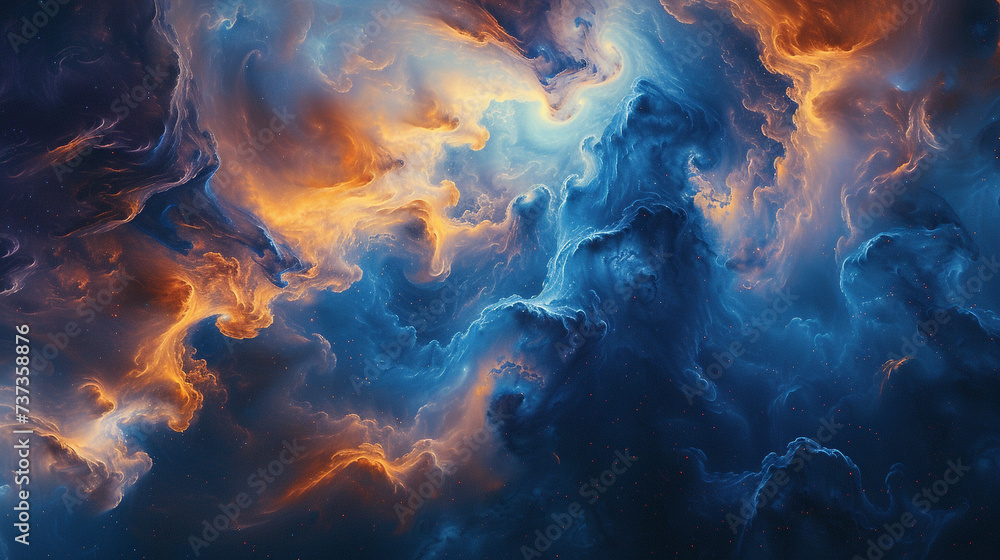 Nebulous clouds of indigo and tangerine collide in a cosmic ballet, creating an abstract celestial tapestry. 
