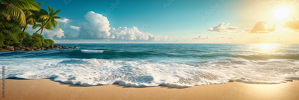 Peaceful Beach Scene, Summer Vacation Concept with Ocean, Sand, and Sky, Tranquil Nature Landscape