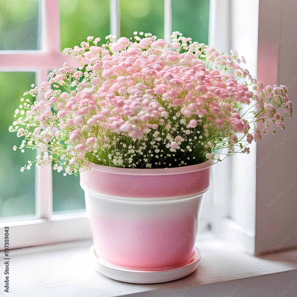 Pink baby's breath in pink pot by a sunny white window