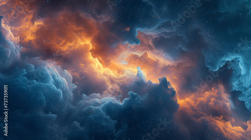 Nebulous clouds of indigo and tangerine collide in a cosmic ballet, creating an abstract celestial tapestry.  © Adnan's Stock 