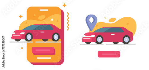 Car rental service mobile app vector graphic illustration flat cartoon, taxi vehicle ride reserve booking, auto transport sharing gps parking location modern image design on cell phone online digital photo