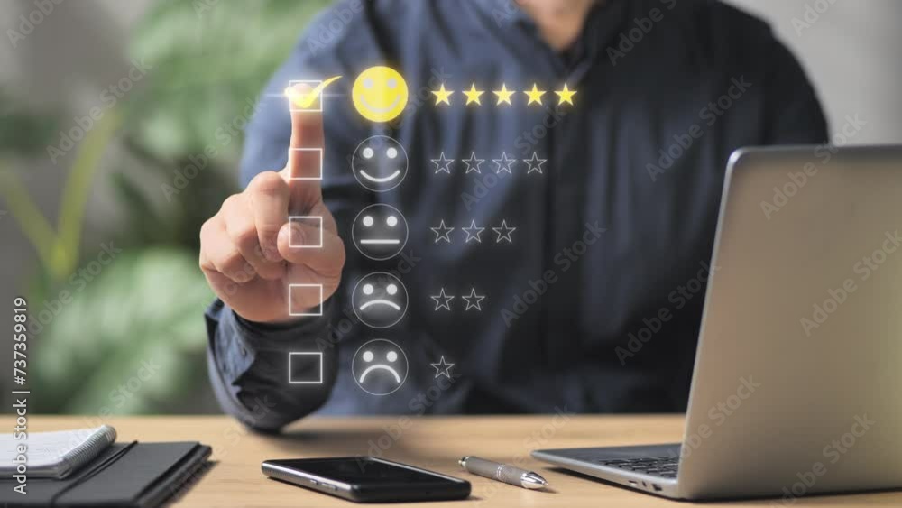 Satisfied customer review online,man at computer rating website experience using a virtual touch screen interface,person at the laptop giving a positive five stars feedback graphic illustration 