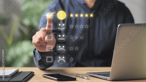 Satisfied customer review online,man at computer rating website experience using a virtual touch screen interface,person at the laptop giving a positive five stars feedback graphic illustration 