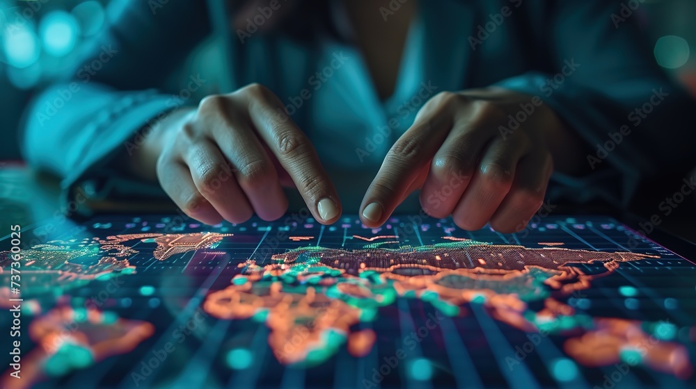 A user's hands are shown interacting with a touch-sensitive digital map, featuring glowing geographic data points and connectivity lines across continents. A user's hands are shown interacting with a touch-sensitive digital map, featuring glowing geographic data points and connectivity lines across continents.