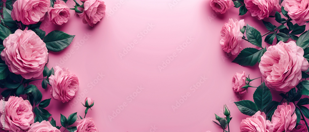 Pastel floral layout, a delicate composition of pink blossoms and greenery, inviting a celebration of spring and love Pastel floral layout, a delicate composition of pink blossoms and greenery, inviting a celebration of spring and love