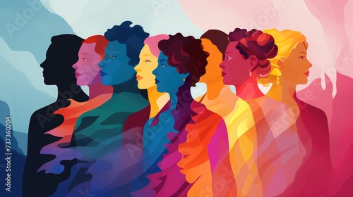 rainbow, multi-colored silhouettes. people of different ethnicities and cultures stand side by side together