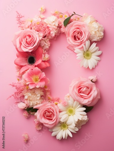Letter C made of real natural flowers and leaves  on a pink background. Spring  summer and valentines creative idea.