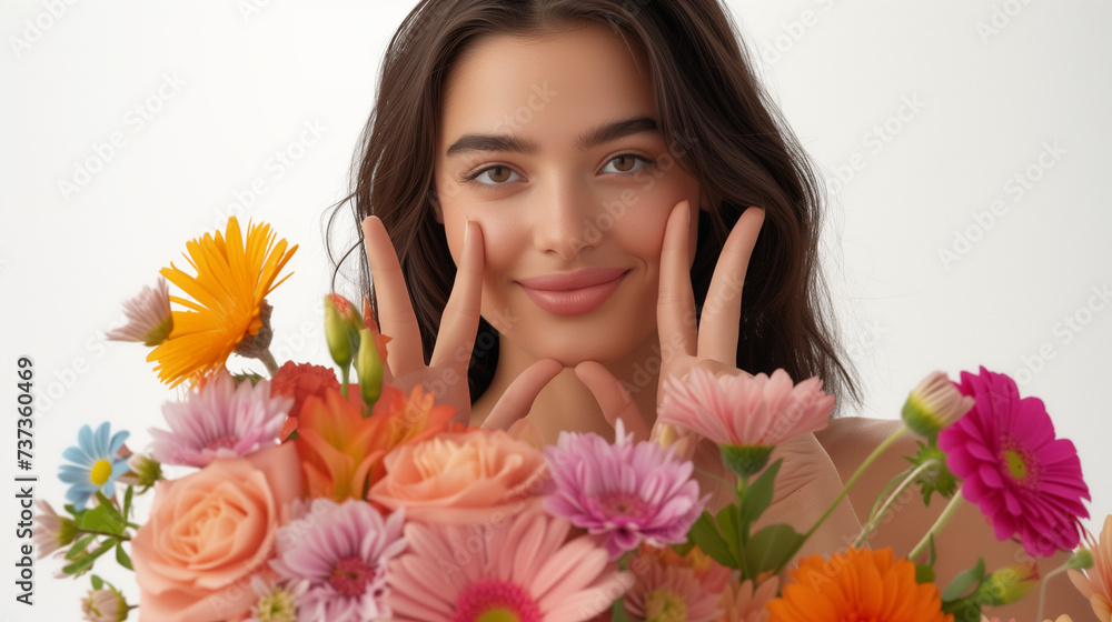 Radiant Young Woman with a Vibrant Bouquet of Spring Flowers, woman with flowers