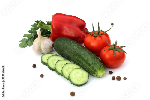 Fresh harvest of vegetables lie on a white background.