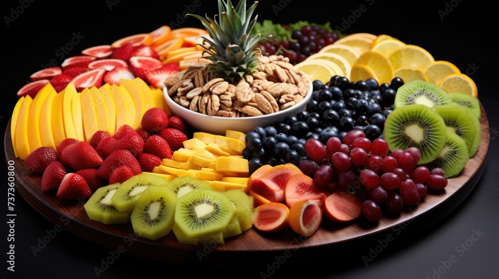 a platter of fruit, nuts, grapes, pineapples, kiwis, oranges, and grapes. a platter of fruit, nuts, grapes, pineapples, kiwis, oranges, and grapes.