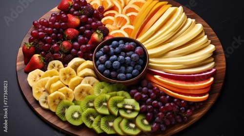 a close up of a plate of fruit with kiwis, bananas, grapes, strawberries and kiwis.