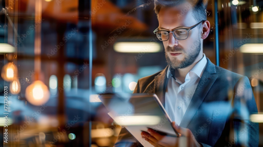 Fototapeta premium Professional man in a suit looking at a tablet screen intently with warm indoor lighting and reflections on a glass window