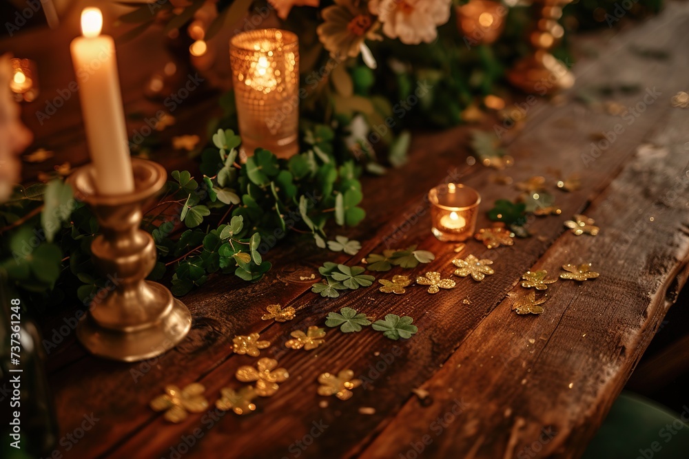 A rustic wooden table adorned with green and gold decorations, scattered with clover confetti.