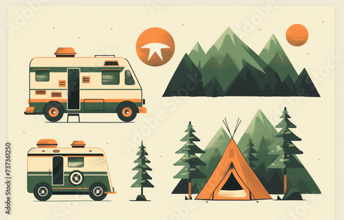 Vintage Camping Vehicles and Tent Illustration in a Forest Setting, camping icons set