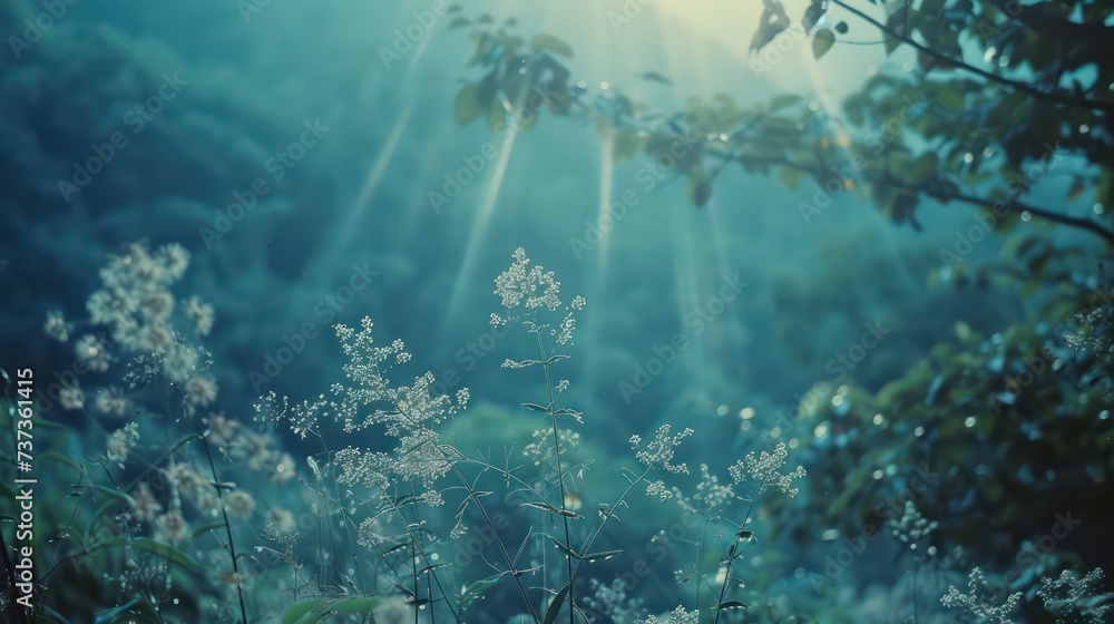 A serene misty forest scene with sunlight streaming through, highlighting delicate wildflowers and foliage A serene misty forest scene with sunlight streaming through, highlighting delicate wildflowers and foliage