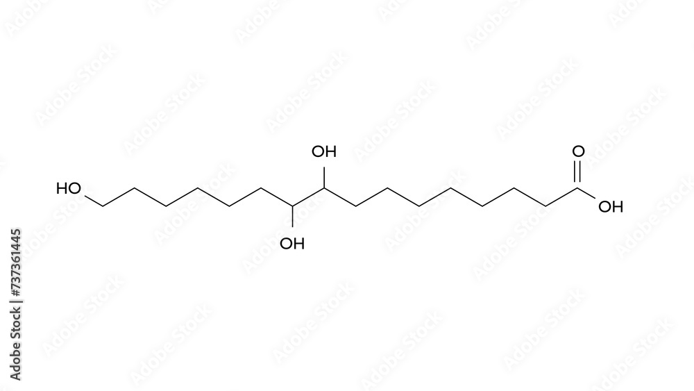 aleuritic acid molecule, structural chemical formula, ball-and-stick model, isolated image fatty acid