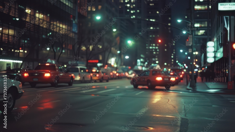 A cityscape at night featuring traffic, blurred lights, and the urban atmosphere of a downtown street