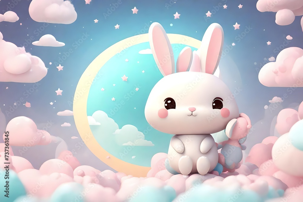 Adorable 3D kawaii bunny under a pastel moon with fluffy clouds Adorable 3D kawaii bunny under a pastel moon with fluffy clouds
