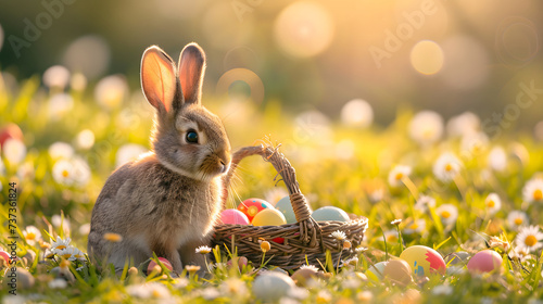A bunny rabbit sits in a field of daisies next to a basket filled with Easter eggs.