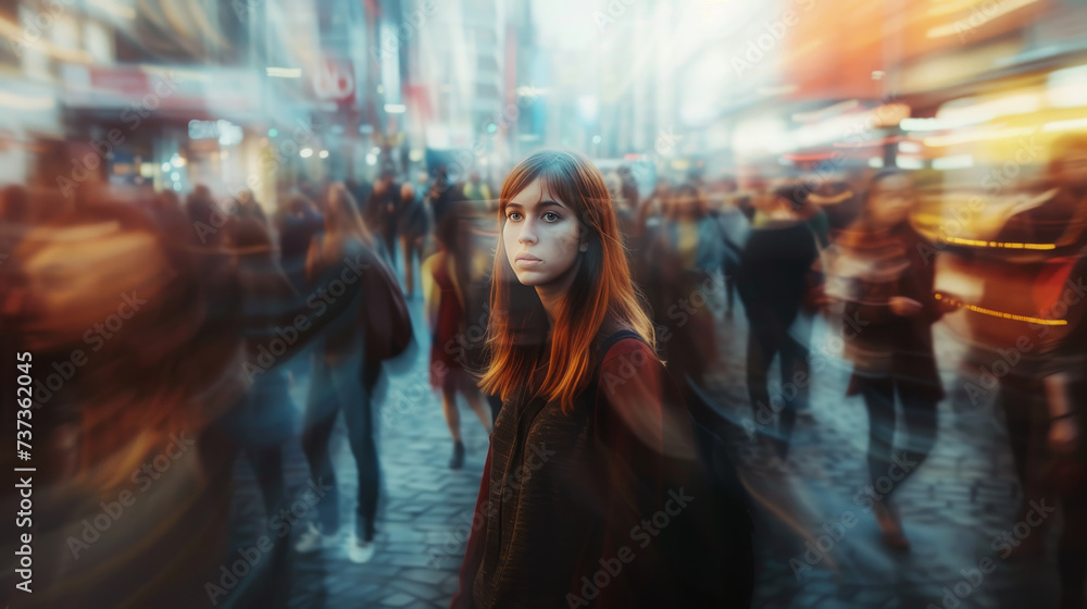 Young Woman Standing Still in a Crowded Street as Life Moves Quickly Around Her Young Woman Standing Still in a Crowded Street as Life Moves Quickly Around Her
