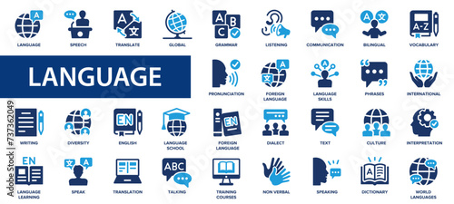 Language flat icons set. Speaking, translate, speak, communication, speech, dialect icons and more signs. Flat icon collection. photo