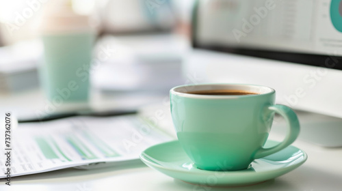 Mint Green Coffee Cup on Office Desk with Computer and Data Charts